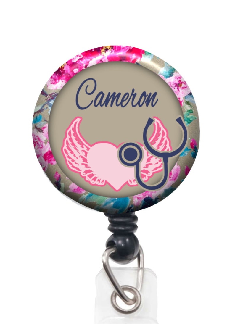 Gift for Nursing Student A423 Pretty Badge Reel with Bling Badge Clip Retractable Heart Badge Reel with Name Nurse Badge Reel Floral
