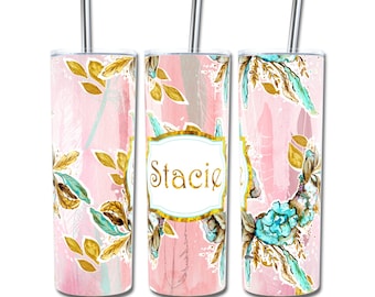 Pink Floral 20 oz Skinny Tumbler - Personalized Stainless Steel Drink Cup with Lid and Straw - Custom Gift