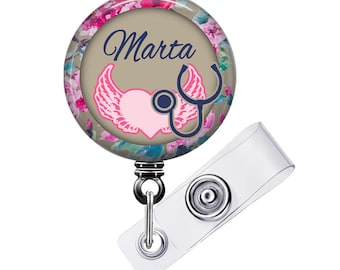 Floral Nurse Badge Reel, Pink Heart Bling (Personalized, Retractable)