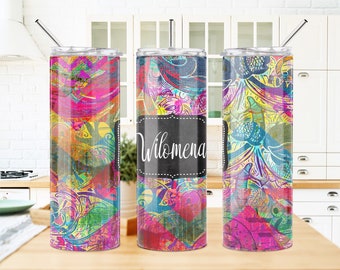 Colorful Retro Print 20 oz Skinny Tumbler - Personalized Stainless Steel Drink Cup with Lid and Straw - Custom Gift