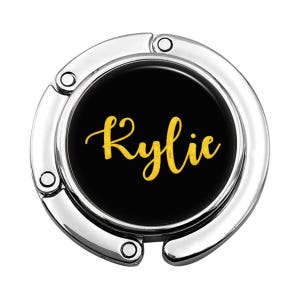 Custom Black Gold, Foldable Purse Hook, Personalized Name, Stylish Bag Hanger, Durable Resin, Secure Hold, Wedding Favor Gift