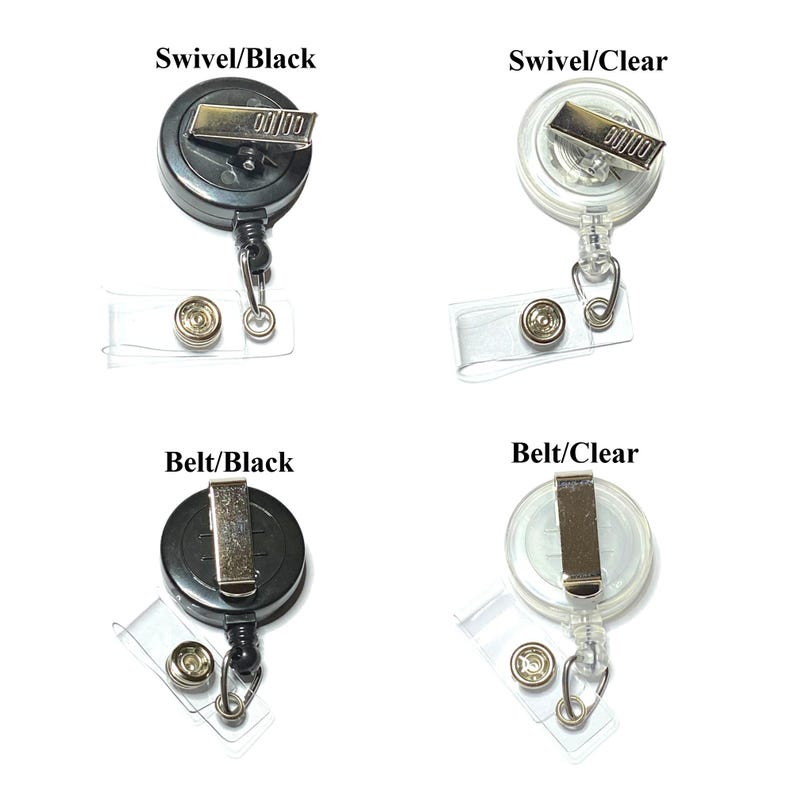 Badge reel color choices are black and clear. Clip choices are swivel (360 degree with alligator clip) and belt clip (slide onto edge of clothing or belt).