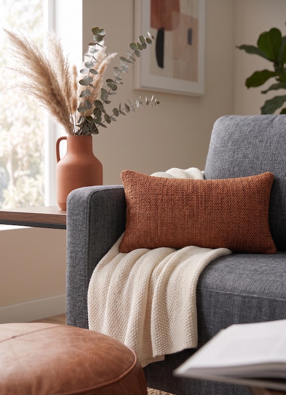 Rust Boucle Lumbar Pillow Cover, Chunky Woven Rectangular Cushion Case with Hidden Zipper
