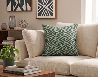Green Decorative Pillow Cover, Handmade Digital Print Cushion, Modern Throw Pillow with Hidden Zipper