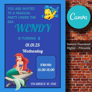 Faire-part d'anniversaire personnalisé La petite sirène - Invitation numérique Ariel - Thème sous la mer