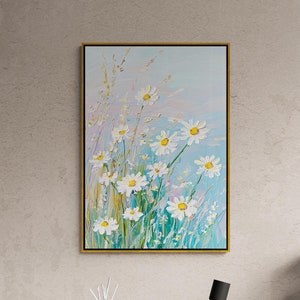 Floral wall art, framed daisies artwork, oil painting effect canvas print, white flowers artwork, wildflowers wall art, blue bedroom artwork