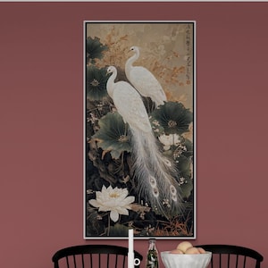Peacock wall art Japandi birds print on canvas Asian Chinoiserie wall art Framed Art to living room Gift for woman Large above bed wall art