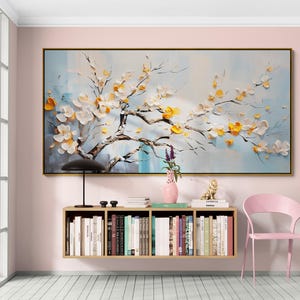 Sakura canvas wall art White flowers painting Floral framed asian wall art Gift wall hanging decor Housewarming gift Godmother gift picture