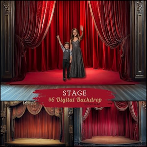 Puede incluir: Dos niños se paran en un escenario con cortinas de terciopelo rojo. El escenario está decorado con molduras doradas y una alfombra roja. El texto "STAGE 46 Digital Backdrop 300DPI & 4K" se muestra debajo del escenario.