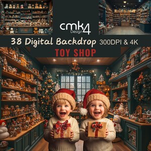 May include: A toy shop interior with wooden shelves filled with toys, a Christmas tree, and two children in Santa hats holding wrapped gifts. The shop is decorated with greenery and lights.
