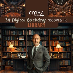 May include: A man in a gray suit stands in front of a large library with bookshelves filled with books. The library has a wooden floor and a wooden desk with a lamp on it. The text "34 Digital Backdrop 300DPI & 4K LIBRARY" is displayed above the man.
