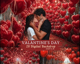 May include: A couple kisses in a tunnel of red heart-shaped balloons. The tunnel is decorated with white lights. The couple is standing on a wooden walkway covered in red rose petals. The text "Valentine's Day 28 Digital Backdrop 300DPI & 4K" is at the bottom of the image.