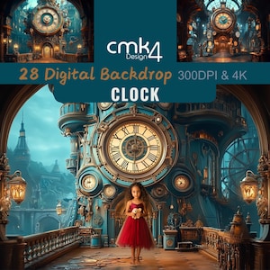 May include: A young girl stands in a whimsical clock tower backdrop. The tower is adorned with intricate details, including gears, clocks, and a large clock face. The girl is wearing a red dress and holding a teddy bear. The backdrop is a digital illustration, ideal for photography or digital art.