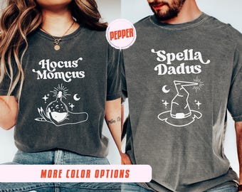 Camisetas de Halloween a juego "Hocus Momcus Spella Dadus", disfraz divertido de mamá y papá para Halloween, disfraz de pareja de bruja y mago, camiseta de temporada espeluznante