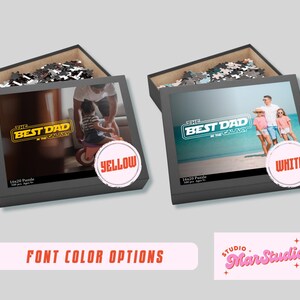May include: Two 16x20 inch jigsaw puzzles with the text "The Best Dad in the Galaxy" in a Star Wars-inspired font. The puzzle on the left has a yellow font and shows a father and child. The puzzle on the right has a white font and shows a family on a beach.