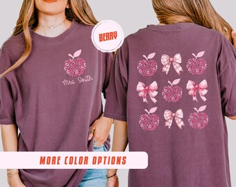 Custom Teacher Last Name Shirt, Coquette Bow Apple Design