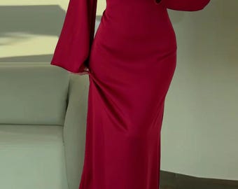 Cherry Red Maxi Dress, Flared Sleeve Fishtail Gown