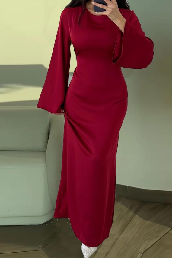 knee length dresses for ladies Solid Color Velvet Long Sleeve V-Neck Slim Fit Fishtail Maxi Dress, Wine Red / S