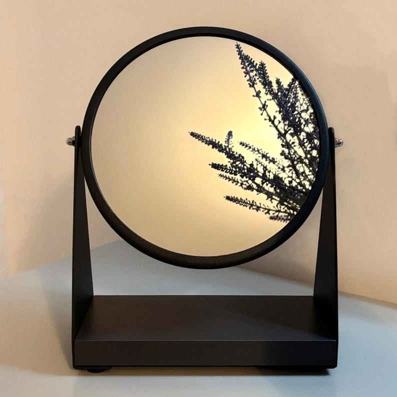 Black Metal and Wood Round Makeup Mirror - Anthracite Decorative Mirror ...
