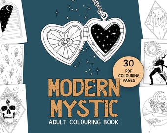 May include: A black and white coloring book cover with the title "MODERN MYSTIC ADULT COLORING BOOK". The cover features a locket with an eye on one side and stars on the other. The book includes 30 PDF coloring pages.