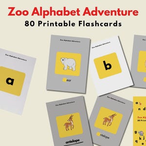 Aventure avec l'alphabet au zoo : 80 cartes-éclair à imprimer avec l'alphabet animal pour enfants | Un apprentissage inspiré de Montessori de A à Z | Outil éducatif pour la maternelle