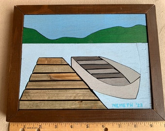 Boat, Dock, Wisconsin Lake: Wooden Inlay Painting