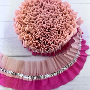 May include: Pink and white ruffled paper trim with a silver glitter stripe. The trim is curled into a circle and a portion is laid out flat.