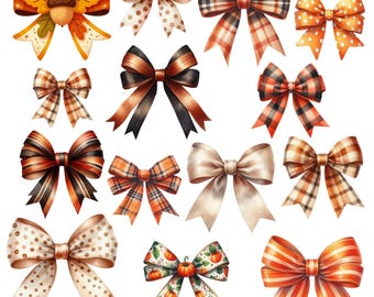 Könnte beinhalten: Eine Sammlung von 12 verschiedenen Schleifendesigns in verschiedenen Farben und Mustern, darunter Orange, Braun, Weiß, Schwarz und Rot. Die Schleifen sind aus Stoff und haben verschiedene Texturen.