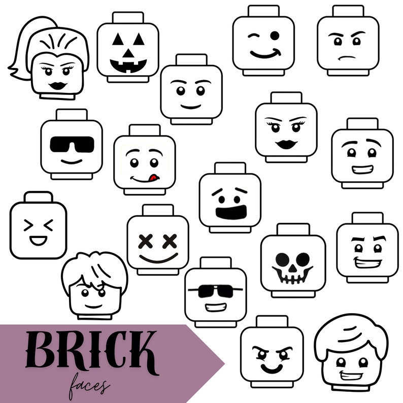 K&ouml;nnte beinhalten: Ein Satz von 16 schwarz-wei&szlig;en druckbaren LEGO-Stein-Gesichtsdesigns. Die Gesichter umfassen eine Vielzahl von Ausdr&uuml;cken, darunter gl&uuml;cklich, traurig, w&uuml;tend, &uuml;berrascht und albern. Der Text "BRICK faces" ist unten im Bild gedruckt.