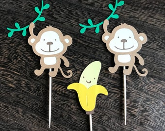1 Dozen Monkey Themed Cupcake Picks- First Birthday, Party Decorations