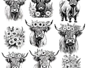 Könnte beinhalten: Ein Set aus neun Schwarzweißillustrationen von Highland-Kühen mit Blumenkränzen. Die Kühe sind in verschiedenen Posen dargestellt, einige mit gedrehtem Kopf, andere mit sichtbaren Hörnern. Die Blumenkränze bestehen aus Gänseblümchen und anderen kleinen Blumen.