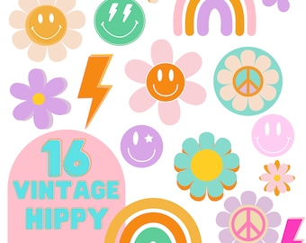 Könnte beinhalten: Ein Set mit 16 digitalen Cliparts im Vintage-Hippie-Stil. Die Bilder beinhalten Regenbögen, Peace-Zeichen, Blumen, Smiley-Gesichter und Blitze. Die Bilder sind in verschiedenen Farben gehalten, darunter Pink, Blau, Grün, Gelb und Orange. Die Bilder sind perfekt, um Ihren Projekten einen Hauch von Retro-Stil zu verleihen.