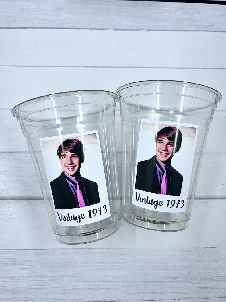 Custom Face Party Decorations, Vintage Birthday, Custom Plastic Cups, Create Your Own Text, Personalized Birthday, Custom Cups, Disposable image 1