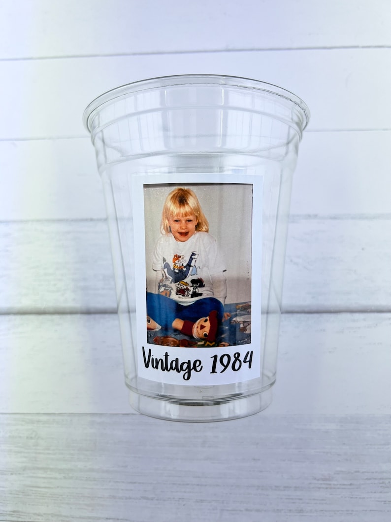 Custom Face Party Decorations, Vintage Birthday, Custom Plastic Cups, Create Your Own Text, Personalized Birthday, Custom Cups, Disposable image 1