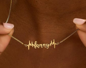Custom Name Necklace with Heartbeat Personalized EKG Heartbeat Necklace Gold Plated Name Necklace Nurse Doctor Necklace Medical Student Gift