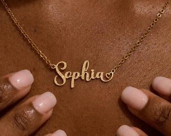 Sandblasted Gold Name Necklace with Heart, Personalized Script Nameplate Necklace, Custom Name Jewelry for Women and Teens