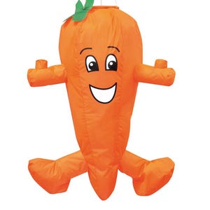 May include: A bright orange carrot-shaped inflatable toy with a smiling face and green leaves on top. The toy has two arms and two legs.