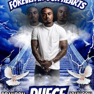 May include: A memorial image with a photo of a man in a white t-shirt, against a blue sky with white clouds and doves. The text "FOREVER IN OUR HEARTS" is at the top of the image. The text "DUECE" is in large blue letters in the center of the image. The text "BRANDON" is in blue letters at the bottom left of the image. The text "JOHNSON" is in blue letters at the bottom right of the image. The dates "12-17-90" and "08-28-23" are in blue letters at the bottom of the image.