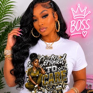 May include: A white t-shirt featuring a graphic print of a healthcare professional in olive green scrubs with a stethoscope, accompanied by the text "CERTIFIED TO CARE" in metallic gold and silver lettering, and a small CNA badge graphic.