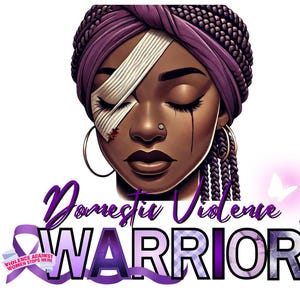 以下が含まれることがあります： 紫と白のグラフィックデザイン。女性の顔と「Domestic Violence Warrior」というテキスト、紫のリボンと蝶が描かれています。