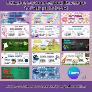 May include: A collection of 14 editable custom school envelope designs. Each envelope features a unique design with space for student and teacher information, including permission slips, lunch money, and other notes. The envelopes are in various colors and styles.
