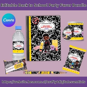 Editable Back to School Party Favor Bundle | Digital Chip Bag, Water Bottle Label, Notebook Cover, Pencil Wrap,Snack Wrappers | DIY Template
