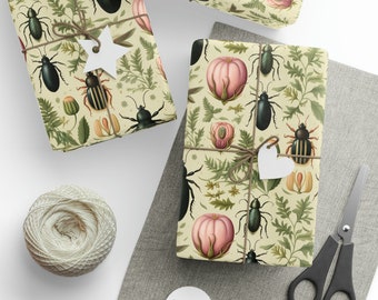 Beetles with Plants and Flowerbuds - Light Background Maximalist Nature Wrapping Papers