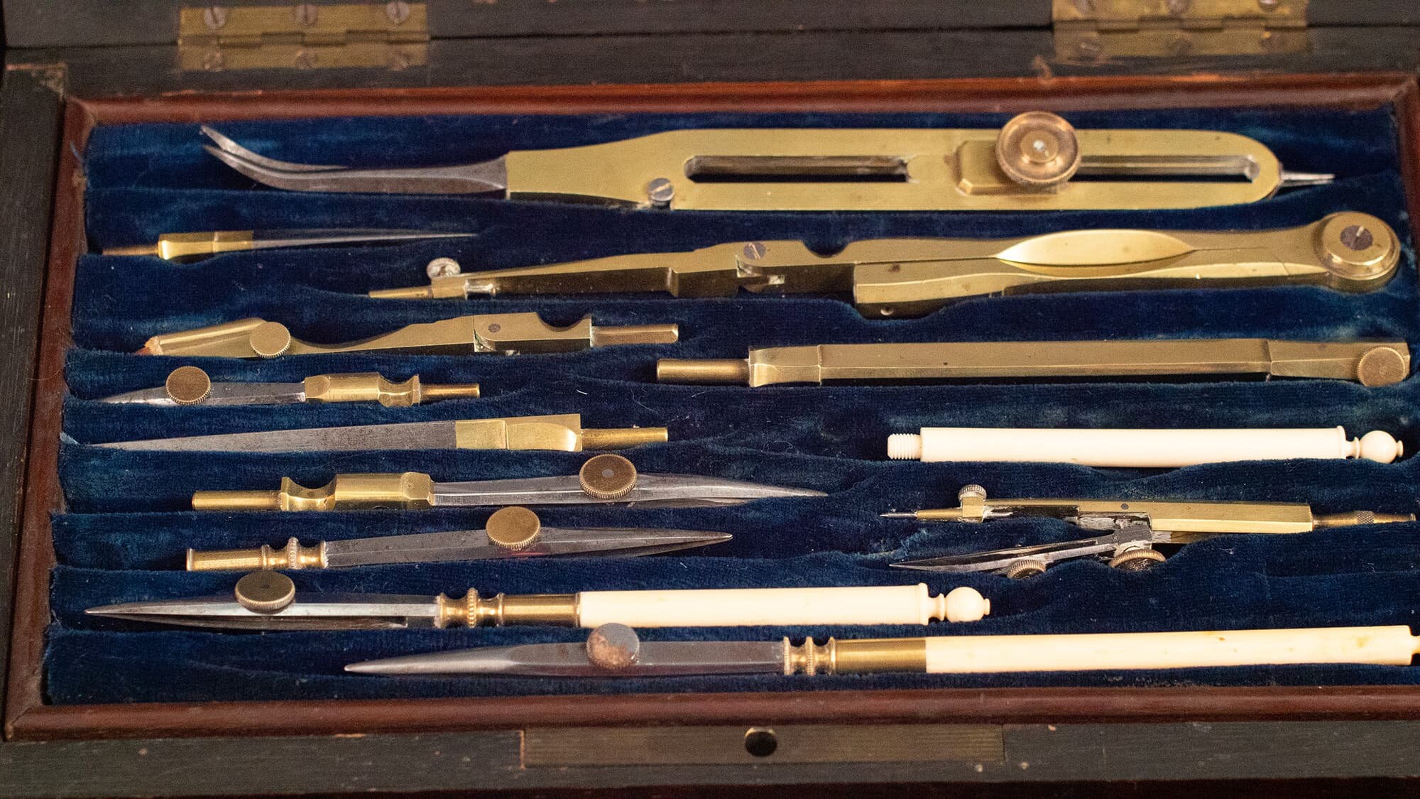 Antique French Brass Drafting Set in Rosewood box