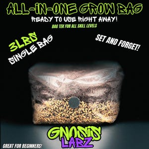 May include: A 3-pound single grow bag with a brown substrate and a layer of grain. The bag is labeled "3LBS Single Bag" and "Gnosis Labz". The text "ALL-IN-ONE GROW BAG READY TO USE RIGHT AWAY! BAG TEK FOR ALL SKILL LEVELS SET AND FORGET! GREAT FOR BEGINNERS!" is also visible on the image.