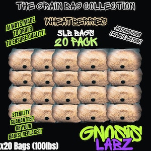 May include: A 20 pack of 5lb bags of wheat berries for growing mushrooms. The bags are stacked in a grid pattern on a black background. The text "Wheat Berries 5lb Bags 20 Pack" is at the top of the image. The text "GNOSIS LARZ" is at the bottom of the image.