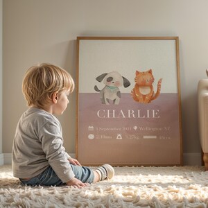 Personalisierte Geburt Kunst Digitales Poster Baby Andenken Druck Safari, Wald, Zoo-Tiere, Geschenk & neutrale getönte Wandkunst für neue Eltern