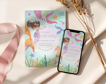 May include: A digital and printed invitation for a child's birthday party. The invitation features a mermaid illustration with the text "Under the Sea" and "Milla's 4th Birthday". The invitation includes the date, time, and location of the party.