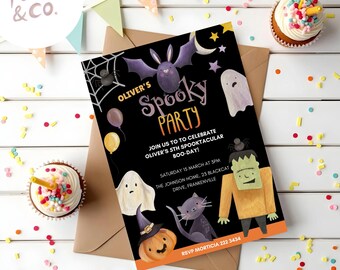 May include: A black and orange Halloween party invitation with a cartoon bat, ghost, pumpkin, cat, and Frankenstein. The invitation says "Oliver's Spooky Party" and includes the date, time, and location of the party. RSVP to Morticia 222 3434.