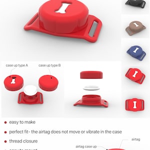 May include: Red AirTag holder for dog or cat collars. The holder has a bone-shaped cutout and a thread closure. The holder is easy to assemble and prevents the AirTag from moving or vibrating.